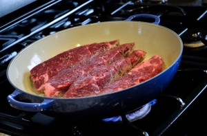 Brown the short ribs - do this in multiple batches if they don't fit well in the pan.